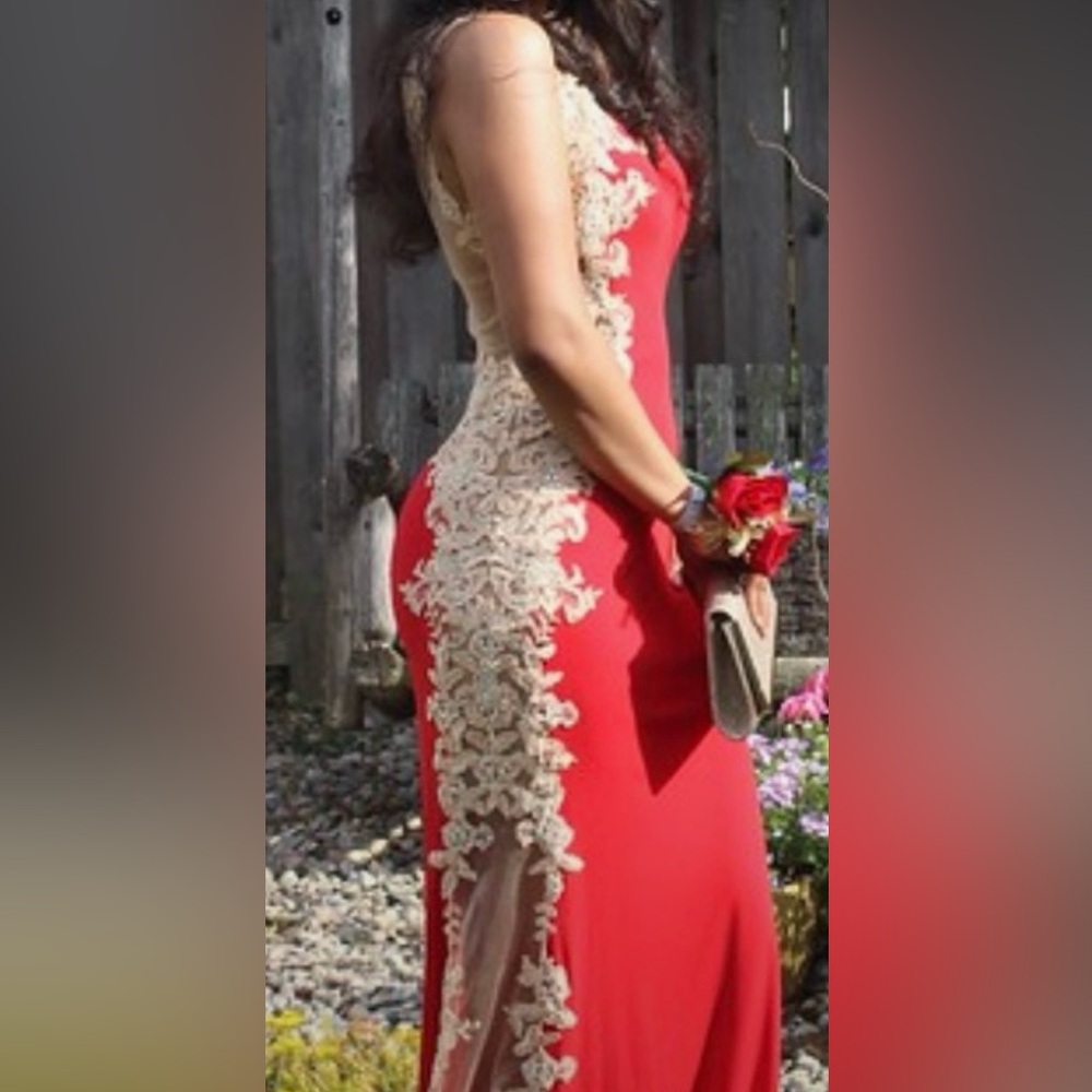 One of a kind classy red prom dress with gold embroidery